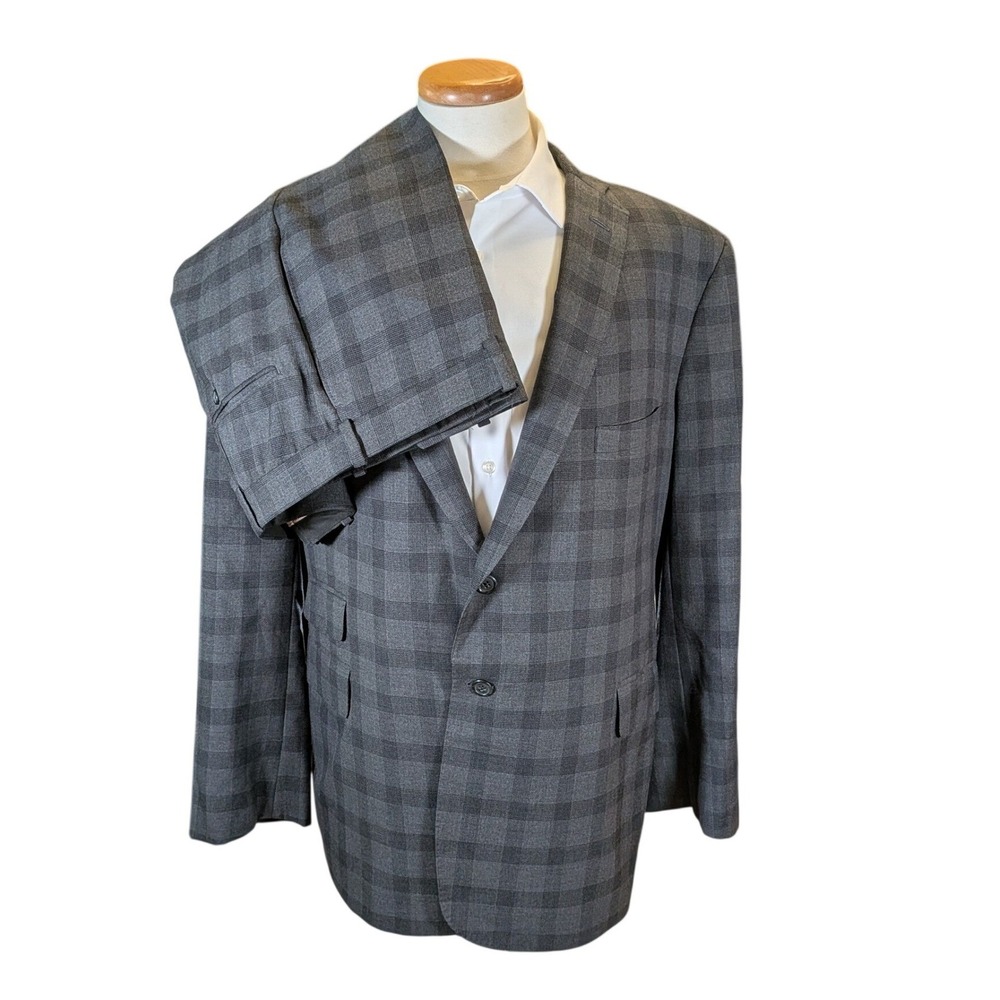 Tom James Executive Custom Tailored Suit‎ Gray Windowpane Wool Blend 42x32